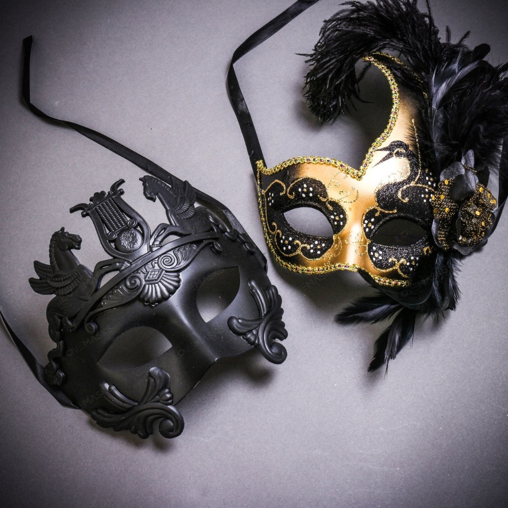 Black Pegasus Horses Venetian Black Gold Feather Couple Masquerade Ball Masks